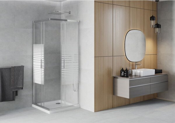 Mexen Rio cabină de duș pătrată 70 x 70 cm, dungi albe, crom + cadă de duș plată, alb - 860-070-070-01-20-4010