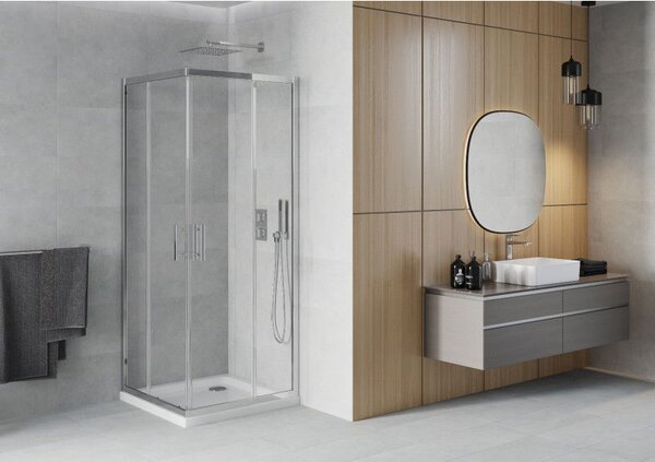 Mexen Rio cabina de duș pătrată 90 x 90 cm, transparentă, cromată + cadă Flat, albă - 860-090-090-01-00-4010