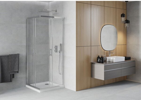 Mexen Rio cabina de duș pătrată 90 x 90 cm, transparentă, cromată + cadă Flat, albă - 860-090-090-01-00-4010