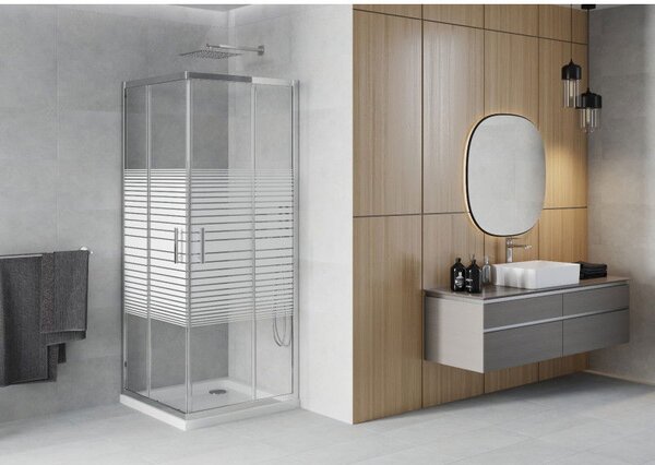 Mexen Rio cabină de duș pătrată 70 x 70 cm, dungi albe, crom + cadă de duș plată, alb - 860-070-070-01-20-4010