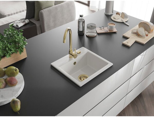 Mexen Milo chiuvetă din granit, cu 1 compartiment, 435 x 410 mm, alb, sifon auriu - 6505441000-20-G