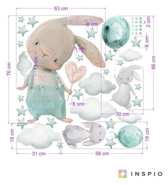 INSPIO-Autocolant textil - Autocolante pentru camera copiilor - Lepurași, stele, nori în culoarea mentei