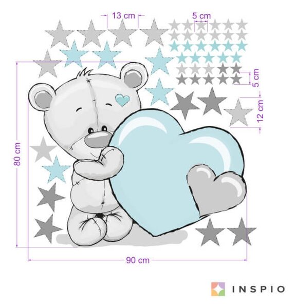 INSPIO-Autocolant textil - Sticker perete cu Nume - Ursuleț cu Inimă Albastră