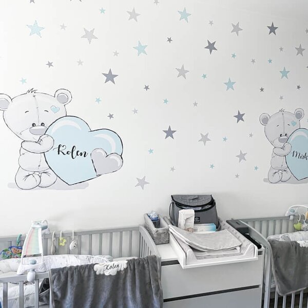 INSPIO-Autocolant textil - Sticker perete cu Nume - Ursuleț cu Inimă Albastră