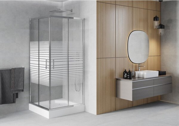Mexen Rio cabina de duș pătrată 90 x 90 cm, dungi albe, crom + cadă de duș, alb - 860-090-090-01-20-4510