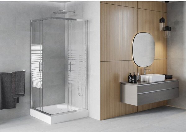 Mexen Rio cabina de duș pătrată 90 x 90 cm, dungi albe, crom + cadă de duș, alb - 860-090-090-01-20-4510