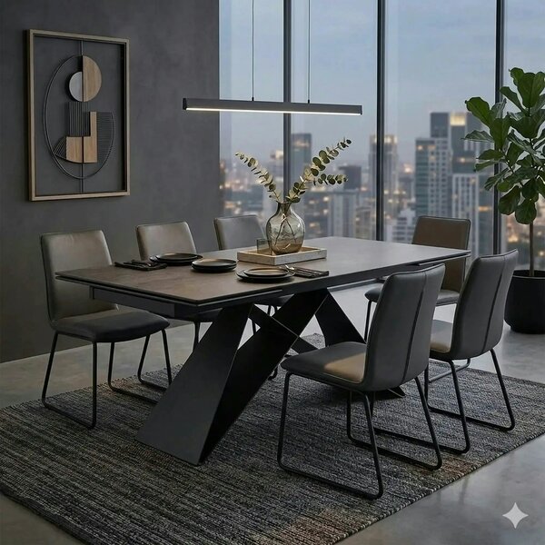 Masa moderna dining WESTIN, gri/negru, sticla/metal, 160-240x90x77 cm