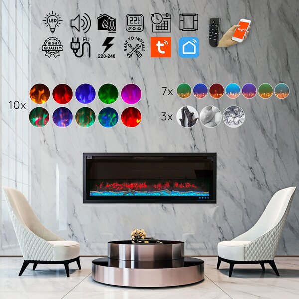 Semineu electric decorativ ElectricSun VERSALYS XS, pe perete, podea sau incorporabil, cu sunet, 10 culori, Wi-Fi cu APP internet, L100xH41cm