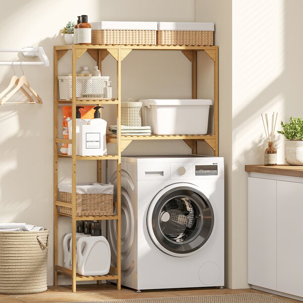 HOMCOM Mobilier deasupra mașinii de spălat din bambus cu 7 rafturi reversibile, spațiu economisitor, pentru depozitare și organizare, pentru baie și spălătorie, 100x40x157 cm, culoare lemn | Aosom Romania