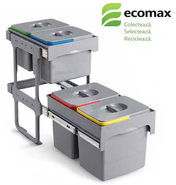 Cos gunoi incorporabil Ecomax Tandem Short 40, colectare selectiva, gri, 2 x 15 l + 2 x 12 l