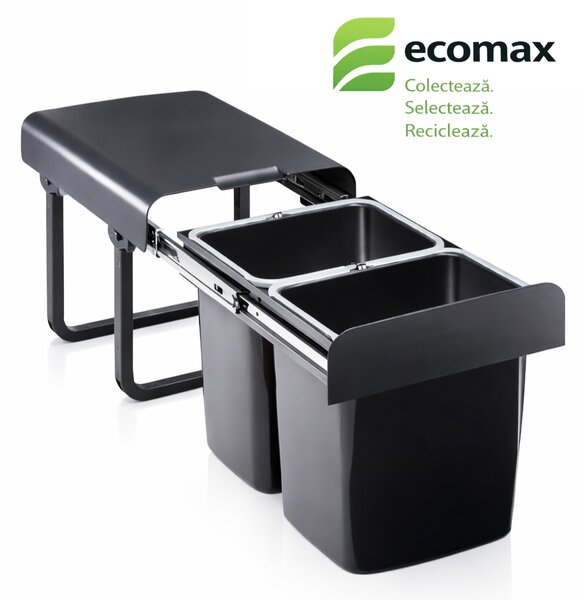 Cos gunoi incorporabil Ecomax Ekko Black Bio 40, cu extragere totala, colectare selectiva, 2 x 16 l