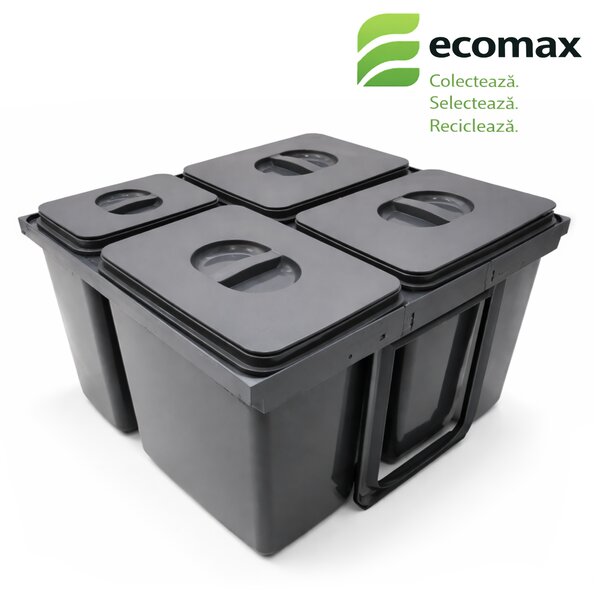 Cos gunoi incorporabil in sertar, Ecomax Jazz 60, colectare selectiva, gri orion, 3 x 15 l + 1 x 7 l