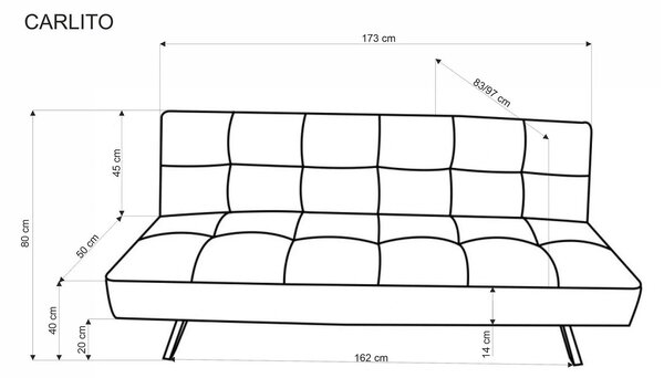 Canapea extensibila CARLITO, gri, stofa clasica/metal, 173x83/97x80 cm