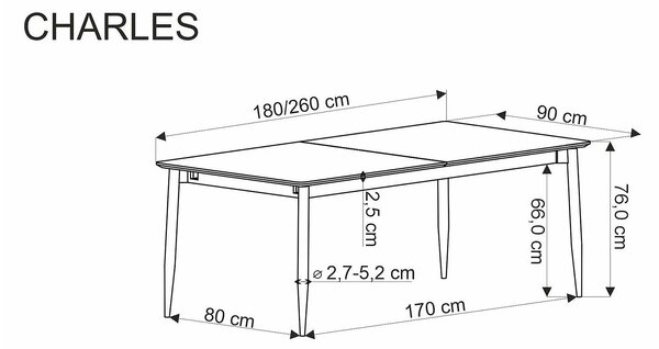 Masa extensibila CHARLES, gri/negru, 180/260x90x76 cm