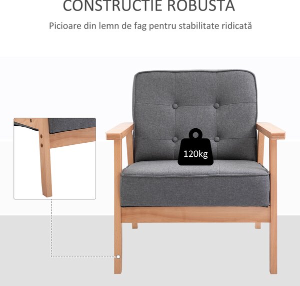 HOMCOM Fotoliu Vintage Stil Scandinav Moale și Confortabil Capitonat cu Butoni, 64,5x70x74 cm, Gri | Aosom Romania