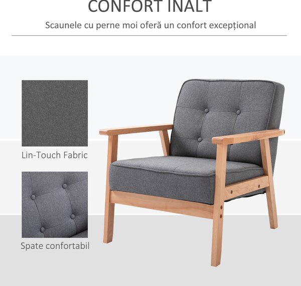 HOMCOM Fotoliu Vintage Stil Scandinav Moale și Confortabil Capitonat cu Butoni, 64,5x70x74 cm, Gri | Aosom Romania
