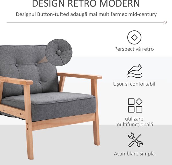 HOMCOM Fotoliu Vintage Stil Scandinav Moale și Confortabil Capitonat cu Butoni, 64,5x70x74 cm, Gri | Aosom Romania