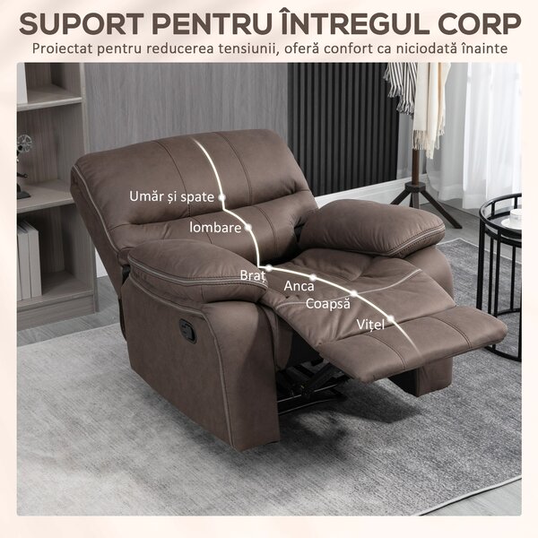 HOMCOM Fotoliu Relax cu inclinare manuala si suport pentru picioare, husa din microfibra si captuseala suplimentara, 97x90x96cm, maro | Aosom Romania