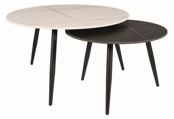 Set 2 masute cafea KORA B, alb cu efect de marmura/negru cu efect de m