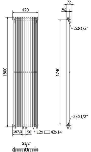 Mexen Kansas radiator decorativ 1800 x 420 mm, 1242 W, negru - W204-1800-420-00-70