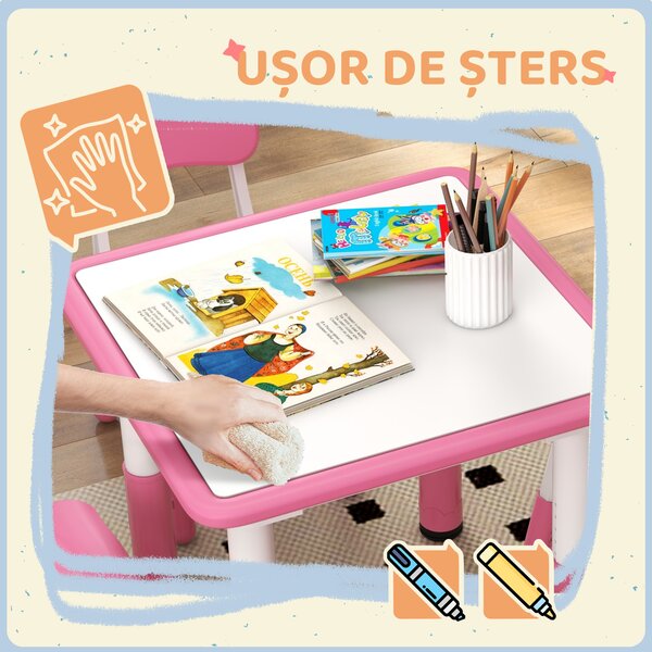 AIYAPLAY Set Masă și Scaune pentru Copii 18-60 Luni cu Înălțime Reglabilă și Tablă de Scris, 60x60x46-58 cm, Roz | Aosom Romania