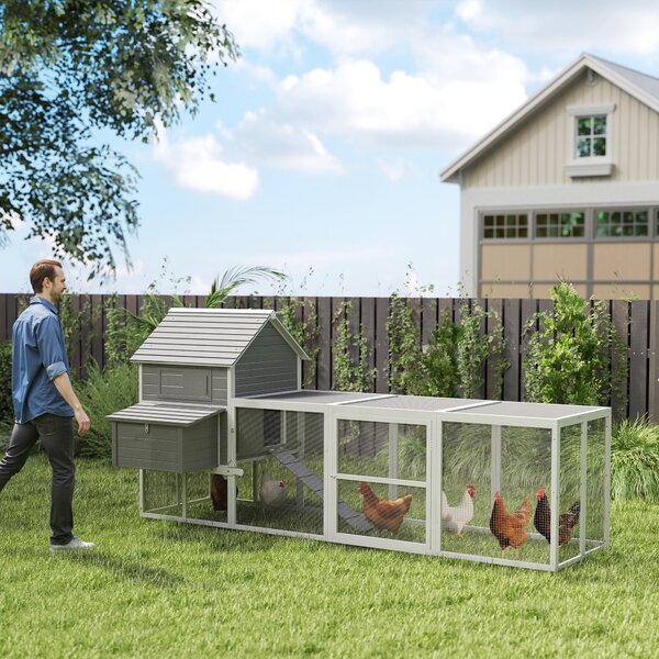 Pawhut Cotet pentru Gaini Ouatoare pentru Exterior, Adapost pentru Gaini cu Rampa si Zona Deschisa Imprejmuita, 310.5x149.5x149cm, Gri