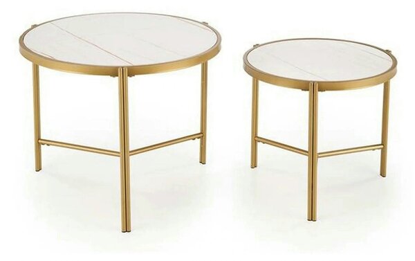 Set 2 masute cafea FATIMA, alb cu efect de marmura/auriu, ceramica/met