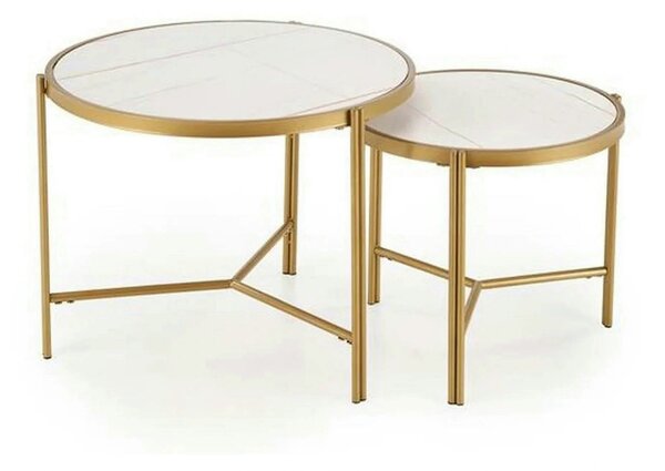 Set 2 masute cafea FATIMA, alb cu efect de marmura/auriu, ceramica/met