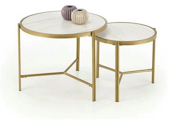 Set 2 masute cafea FATIMA, alb cu efect de marmura/auriu, ceramica/met