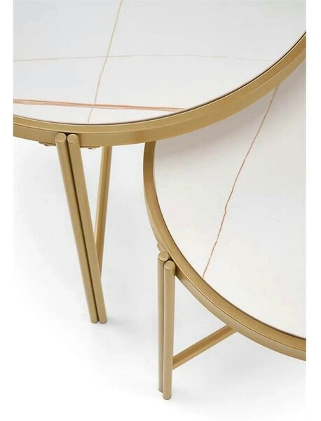Set 2 masute cafea FATIMA, alb cu efect de marmura/auriu, ceramica/met