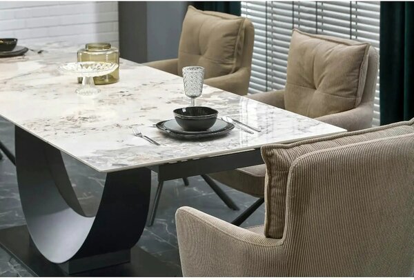 Masa living lux FERNANDO, alb/negru, ceramica/metal, 160/240x92x75 cm