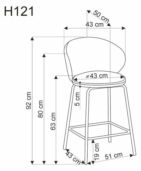 Scaun bar H121, gri - Mavel 14/negru, stofa catifelata/metal, 51x50x92