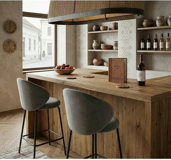 Scaun bar H121, gri - Mavel 14/negru, stofa catifelata/metal, 51x50x92