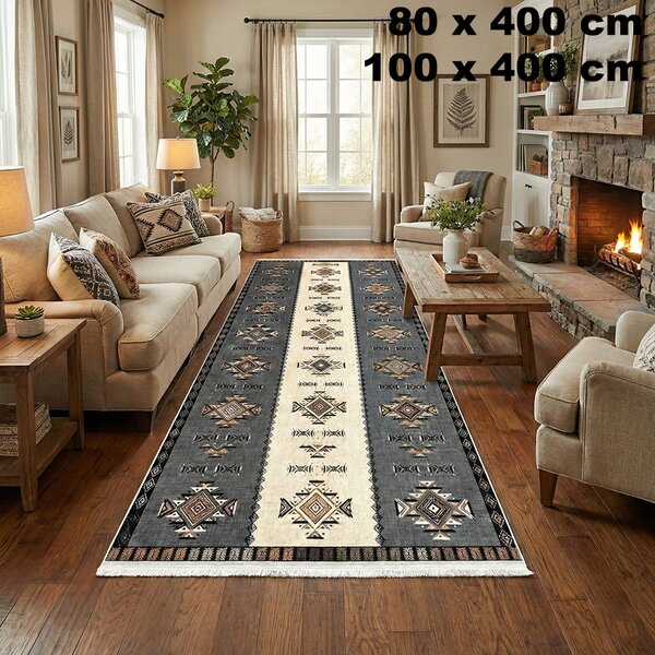 Traversa hol antiderapanta, 400 cm, model etnic, gri cu bej