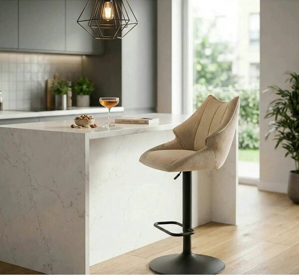 Scaun bar H122, bej/negru, stofa clasica/metal, 50x54x96/118 cm