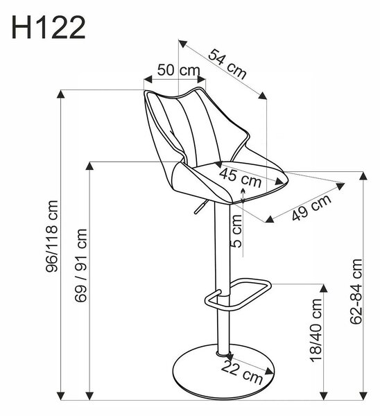 Scaun bar H122, bej/negru, stofa clasica/metal, 50x54x96/118 cm