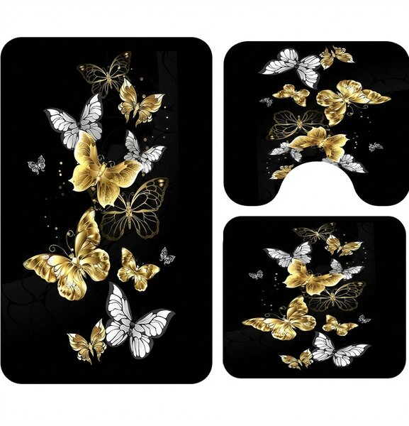 Set covoare baie antiderapante, 3 piese, model fluturi eleganti