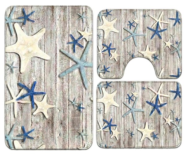 Set covoare baie antiderapante, 3 piese, model marin cu stele de mare