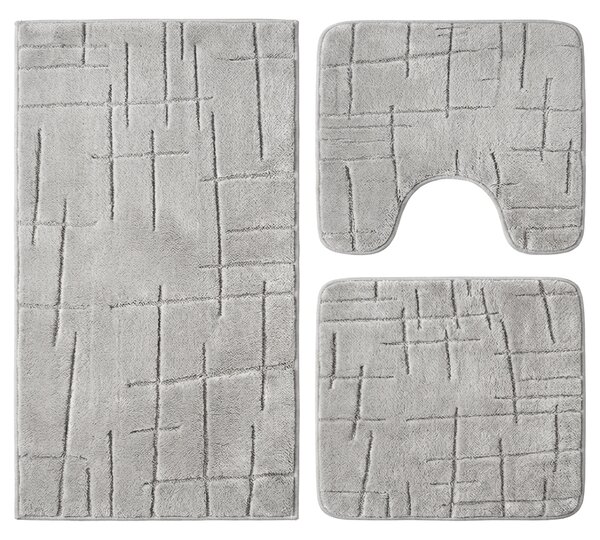 Set covoare baie antiderapante, 3 piese, gri deschis, textura soft crestata