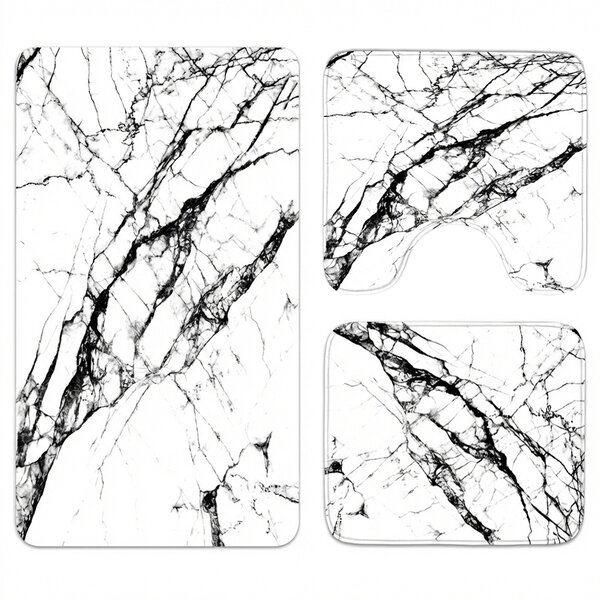 Set covoare baie antiderapante, 3 piese, design marmura alba