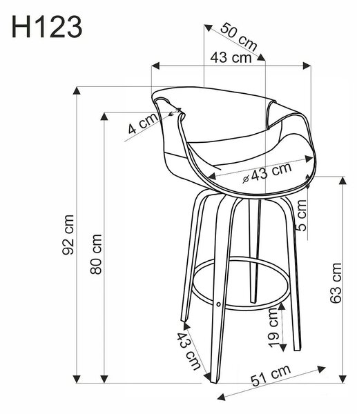 Scaun bar lemn spatar H123, negru/nuc, piele ecologica, 55x51x91 cm