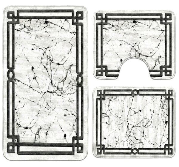 Set covoare baie antiderapante, 3 piese, design marmura cu rama decorativa