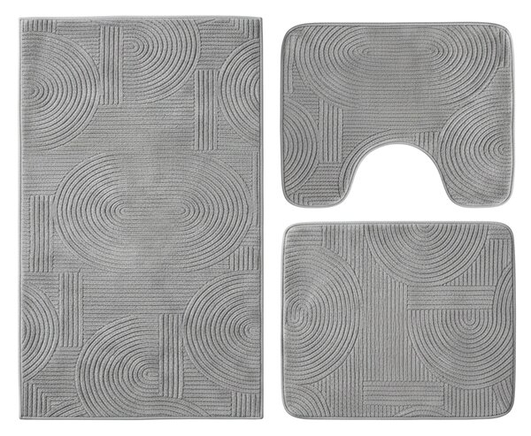 Set covoare baie antiderapante, 3 piese, gri, textura soft cu acolade