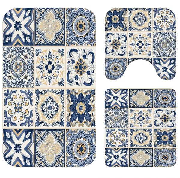 Set covoare baie antiderapante, 3 piese, model ceramic decorativ