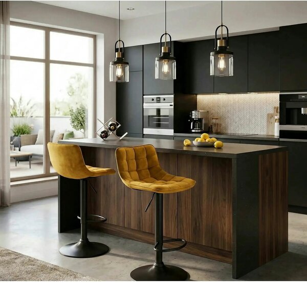 Scaun bar H95, galben mustar - Bluvel 68/negru, stofa catifelata/metal