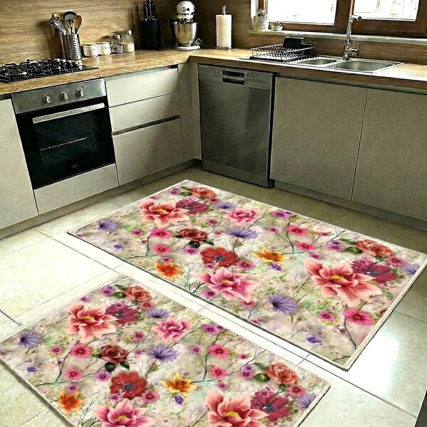 Set covoare bucatarie antiderapante, 2 piese, model floral multicolor