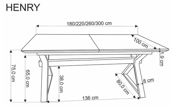 Masa extensibila HENRY, stejar/negru, furnir/metal, 180/300x100x75 cm