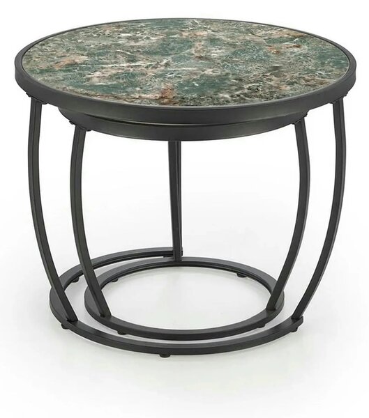 Set 2 masute cafea INES, verde cu efect de marmura/negru, ceramica/met