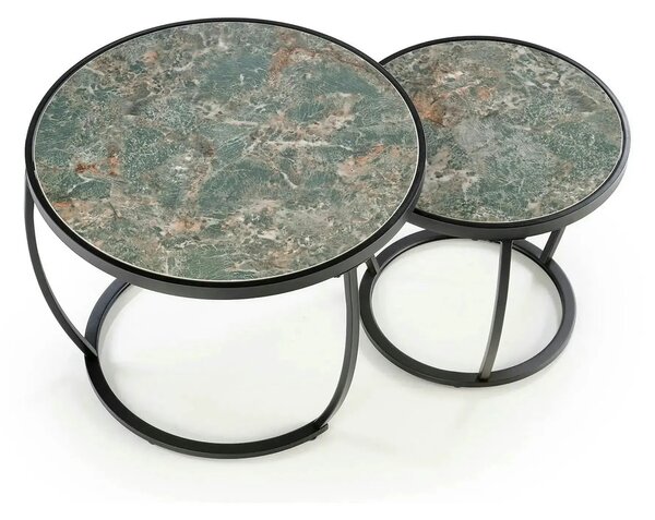 Set 2 masute cafea INES, verde cu efect de marmura/negru, ceramica/met