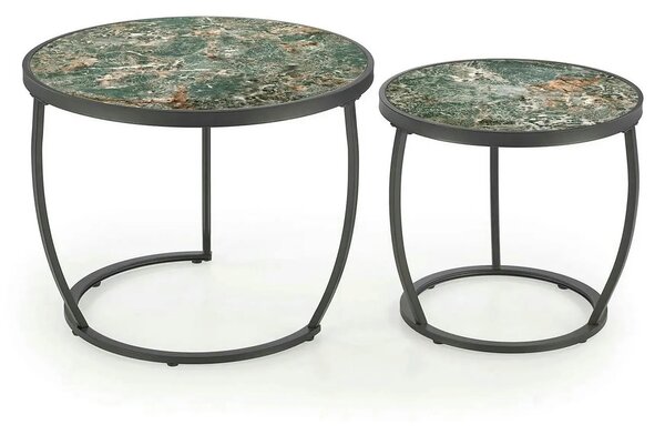 Set 2 masute cafea INES, verde cu efect de marmura/negru, ceramica/met